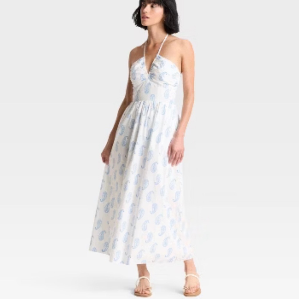 Elegant White and Blue Paisley Halter Dress by Universal Thread - Picture 5 of 11